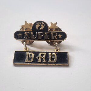 Super DAD Lapel Pin Hang Ten 2-Piece Dangling Black & Gold Color